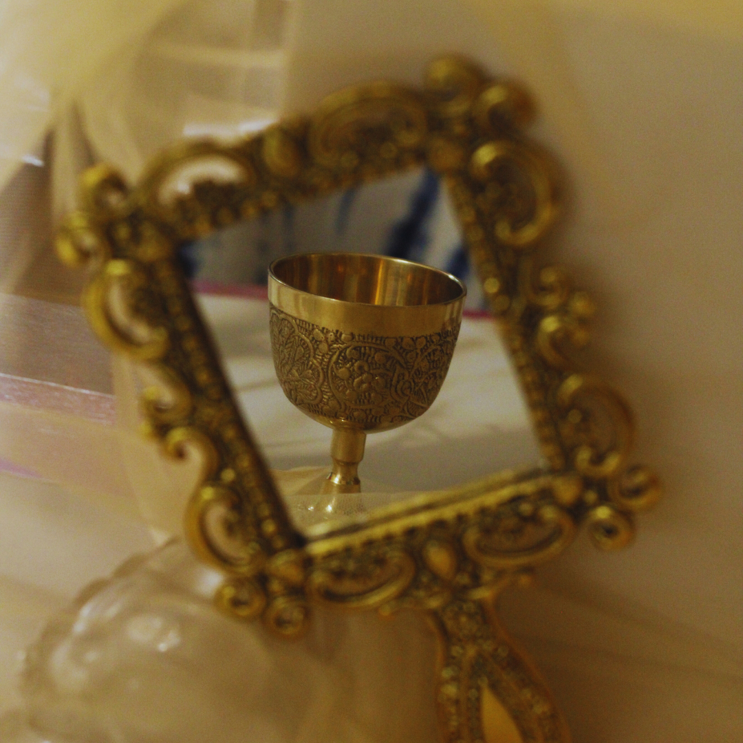 Elegant Golden Brass Chalice & Metal Mirror Set | Perfect for Spiritual Rituals